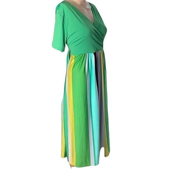 Bella Flore Womens Midi Dress Striped Empire Waist Wrap Front Green Large - Picture 7 of 10